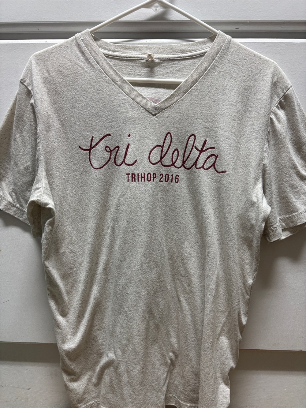 Bella Canvas Cream V-Neck "Tri Delta Trihop 2016" Tee with Maroon Script
